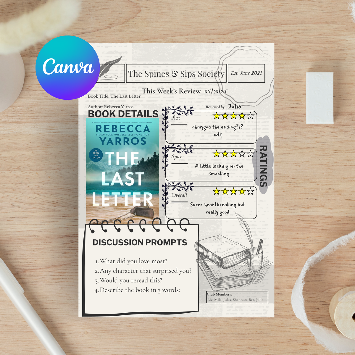 Vintage Writer Book Review - Editable Canva Template