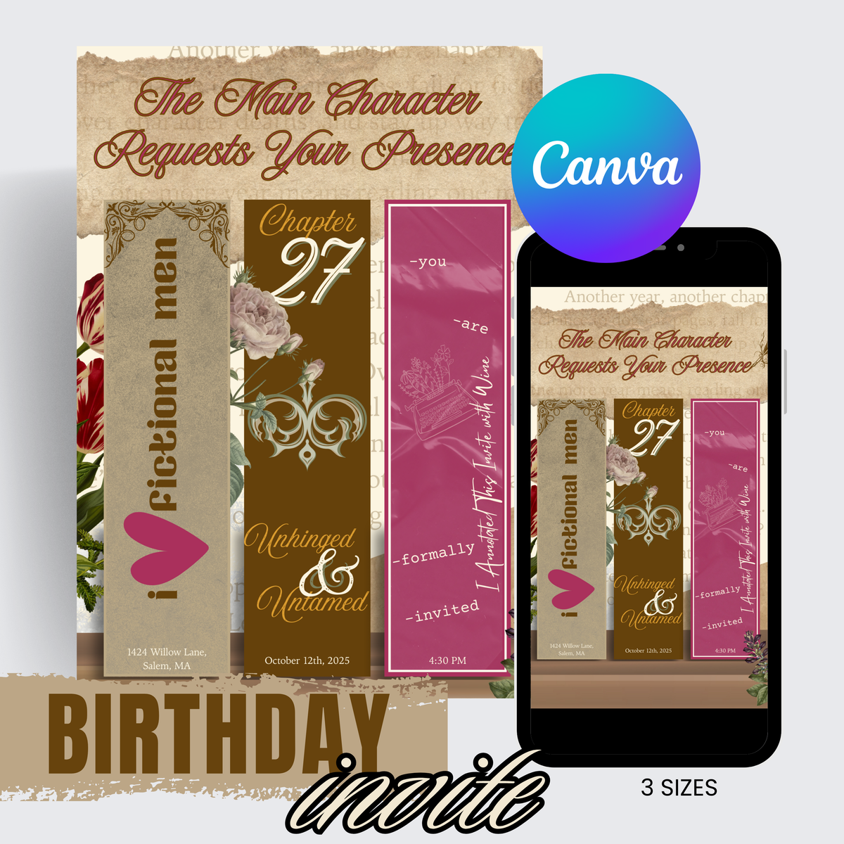 Cute Book Birthday Invitation - Editable Canva Template