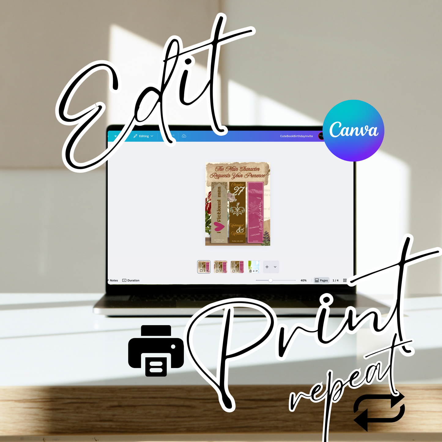 Cute Book Birthday Invitation - Editable Canva Template