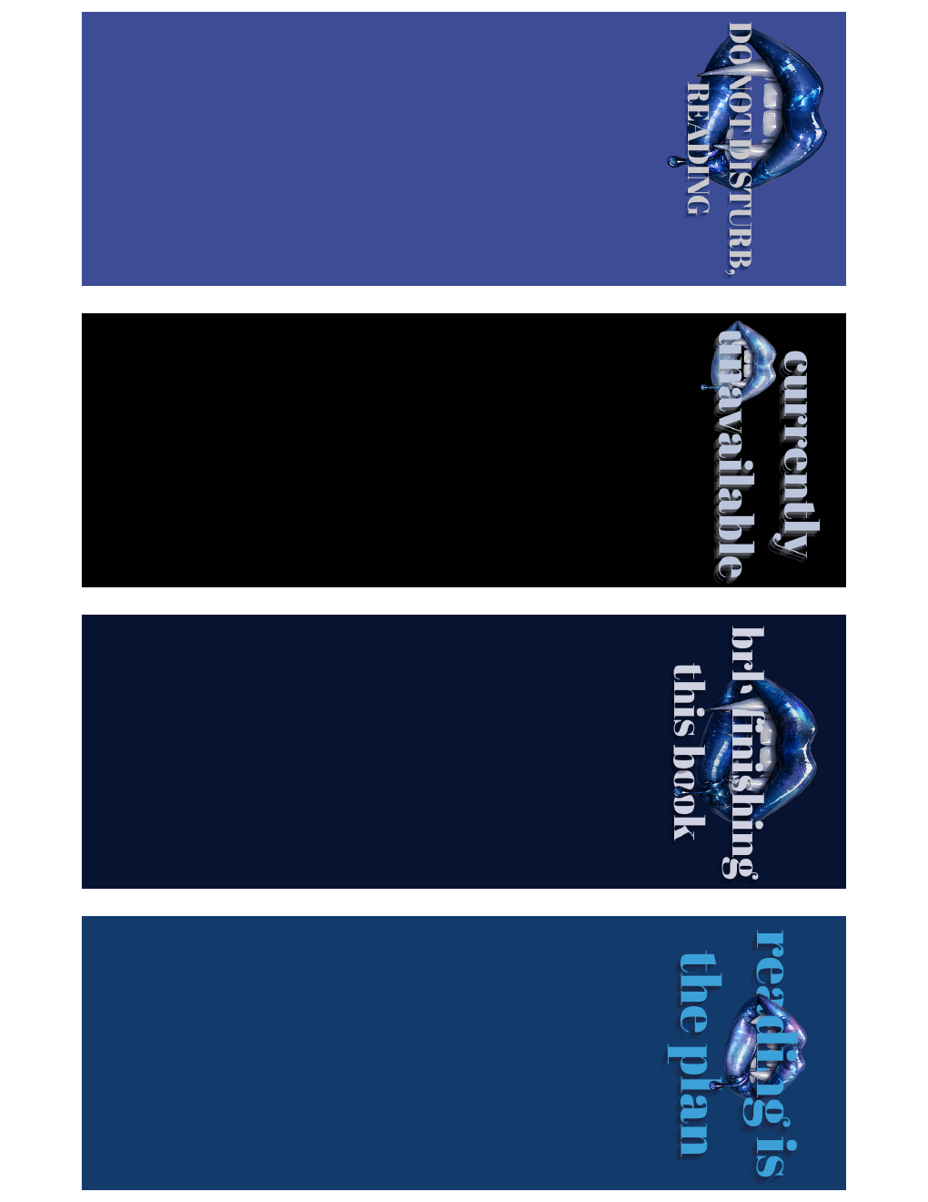 four printable bite me bookmarks with blue vampire lips and gothic lettering
