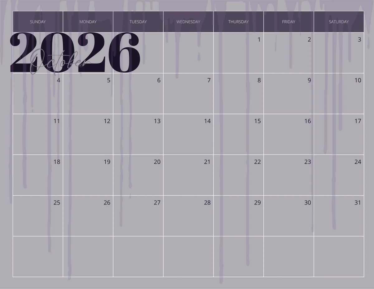 October 2026 calendar with lavender drips and Sunday through Saturday columns