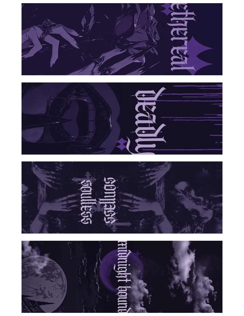 Printable sheet of four Under Your Spell bookmarks: Ethereal, Deadly, Soulless, and Midnight Bound