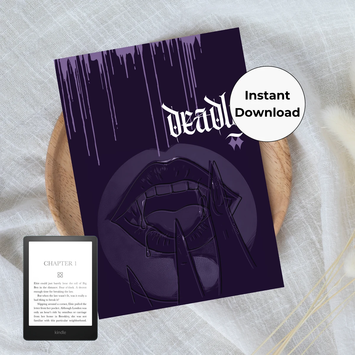 Deadly purple Kindle insert mockup with vampire fangs, pointed nails, and lavender drips