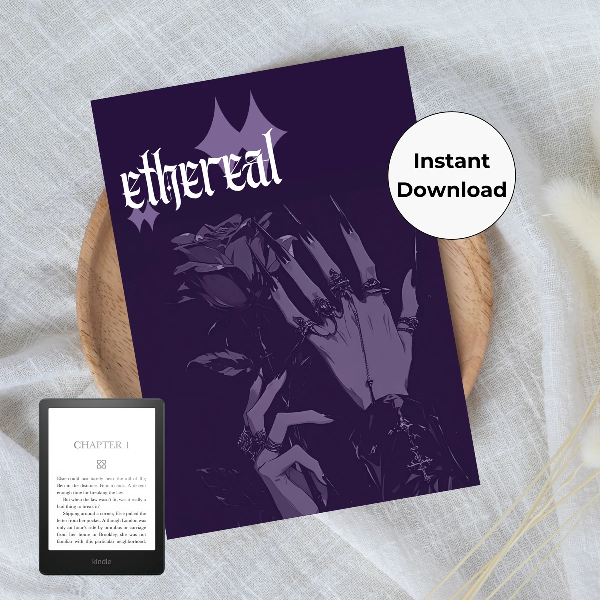 Ethereal purple Kindle insert mockup with a rose, rings, and lavender stars