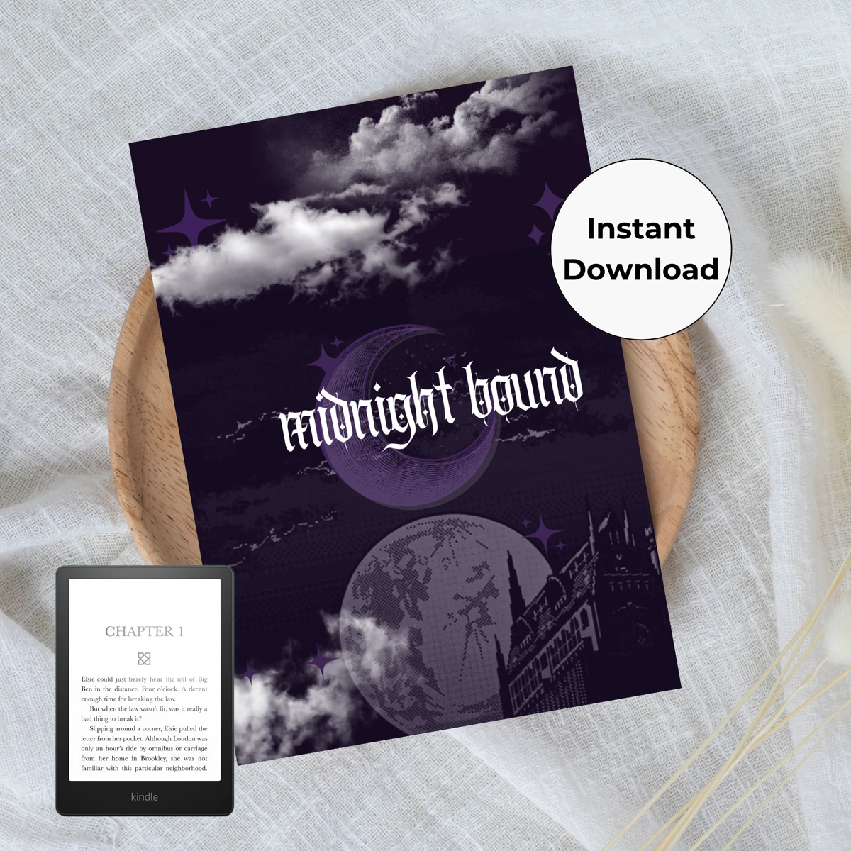 Midnight Bound purple Kindle insert mockup with moons, clouds, stars, and a gothic castle