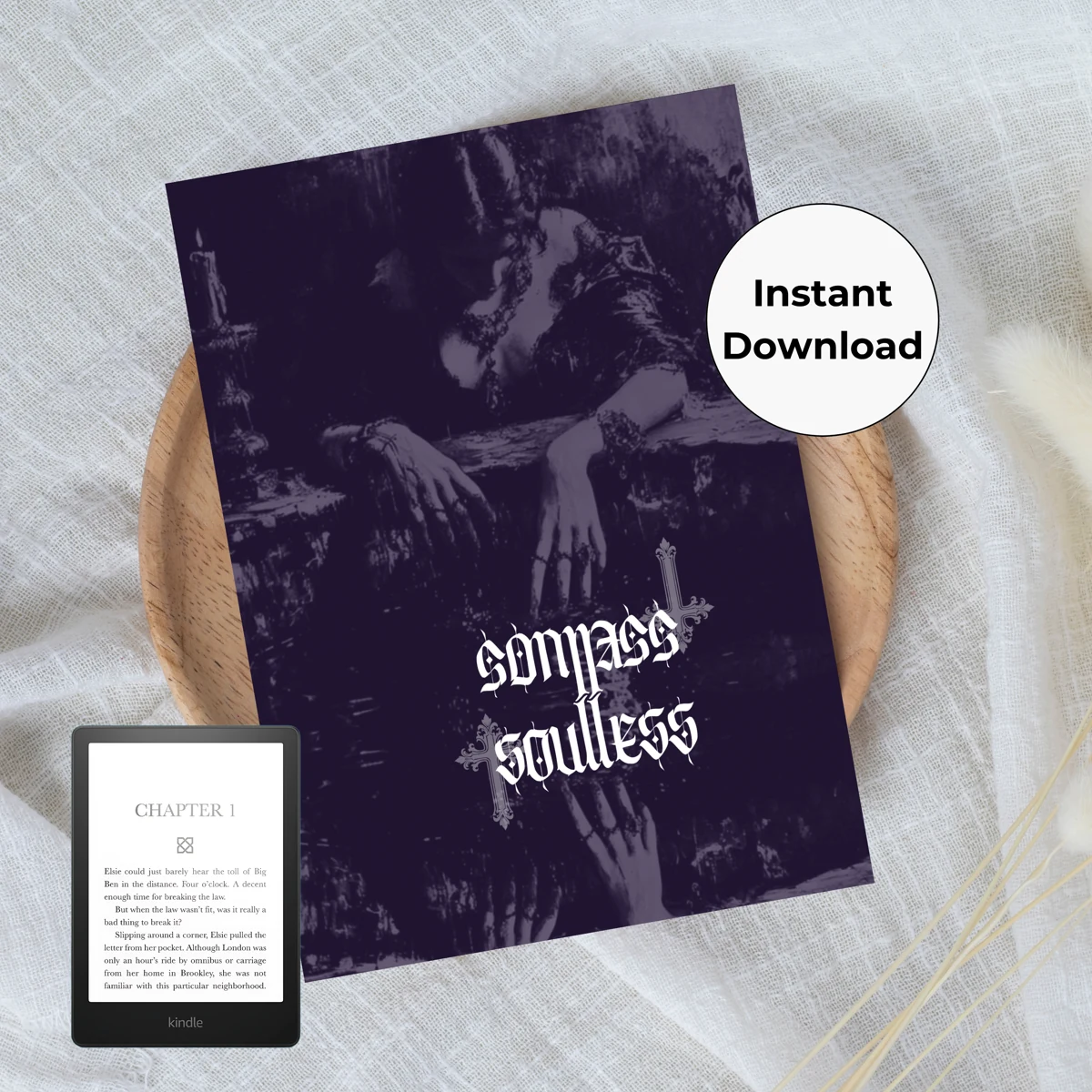 Soulless purple Kindle insert mockup with a gothic portrait, reflection, and ornate crosses