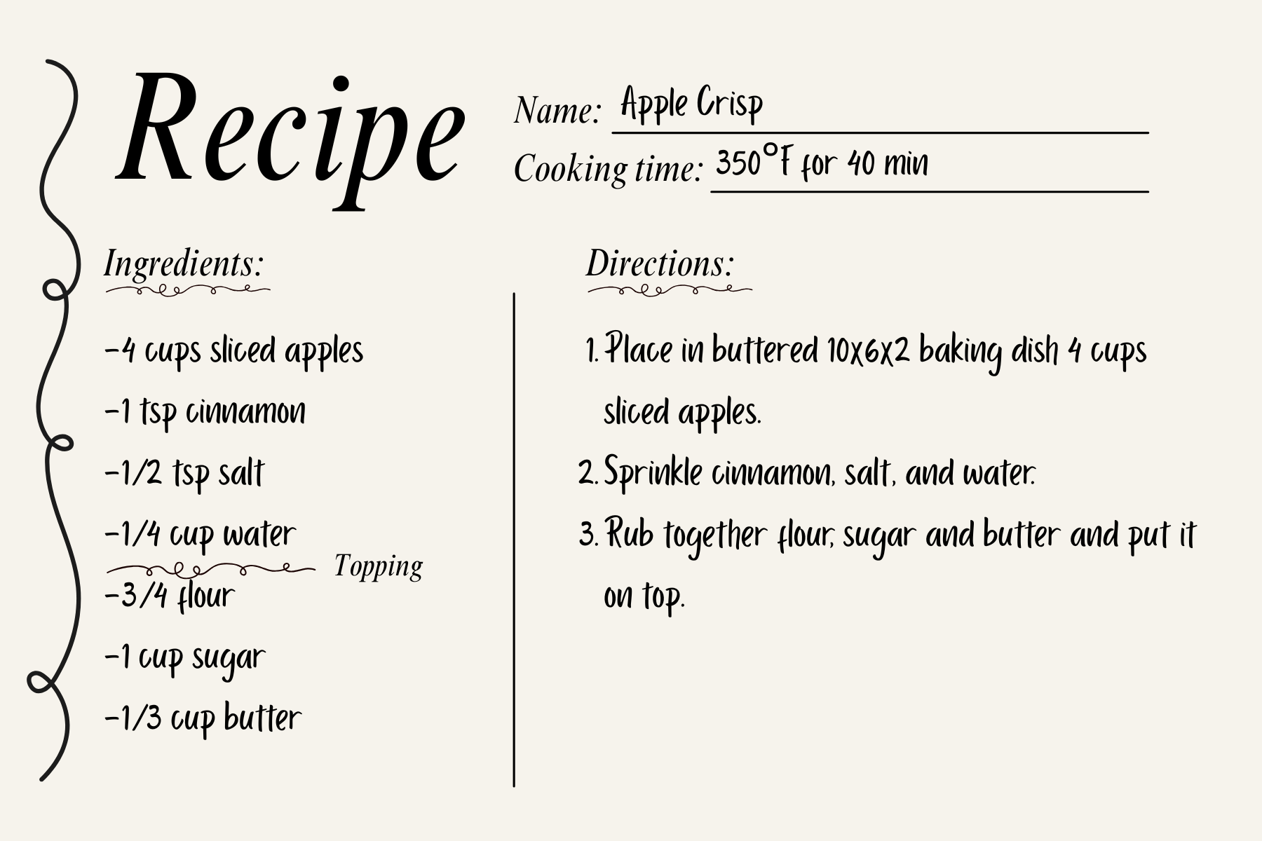 Apple crisp recipe with ingredients and three baking directions