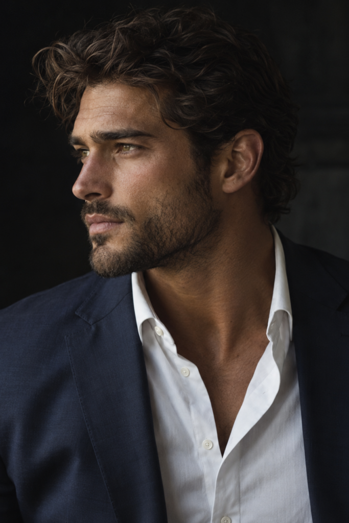 Lachlan Duke from Until I Get You, with tousled brown hair and stubble, wearing a navy suit and open white shirt.