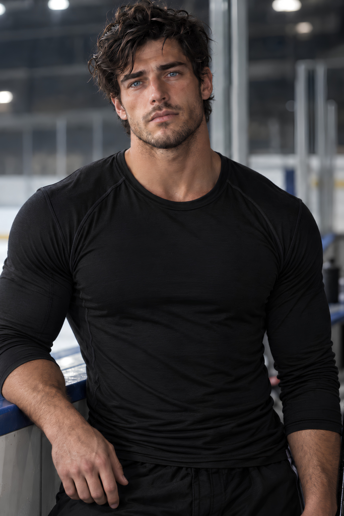 illustration of Ryan Parker from Home Game, with dark hair and blue eyes, wearing a black shirt at an ice rink